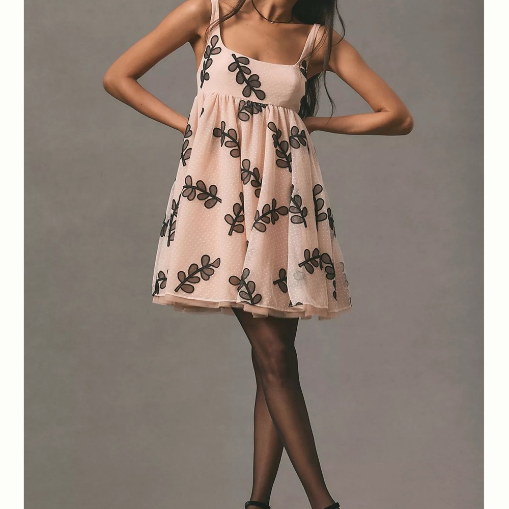 Anthropologie Cream and Black Leaf Mini Dress